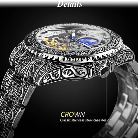 Forsining Skeleton Carved Tourbillon Mechanical Watches Moon Dial Mens Watch - Picture 7 of 11